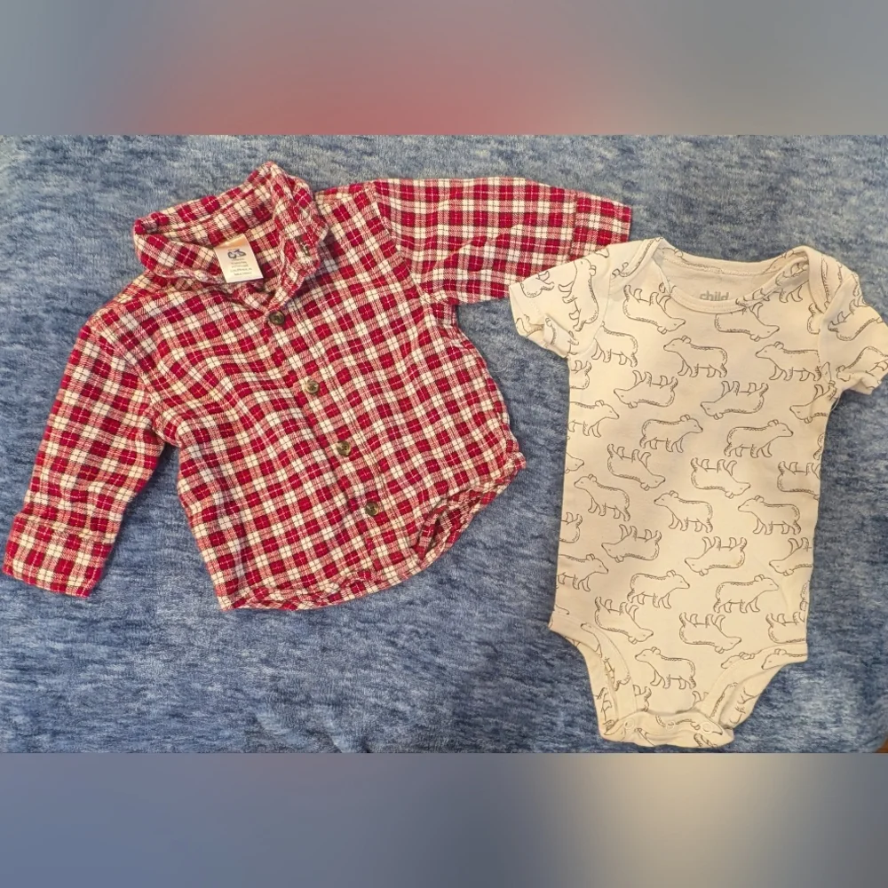 GAP 6-9M Plaid Shirt, Dinosaur Onesie, and Denim Jeans Set